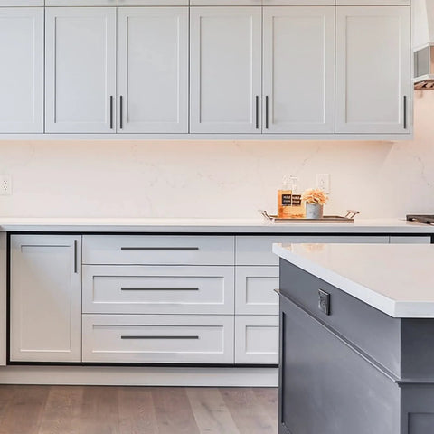 Modern kitchen cabinets with 10 Pack Matte Black Cabinet Pulls 5 Inch 128mm Hole Centers Kitchen Cabinet Handles installed.