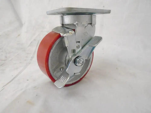 No Hassle Kingpinless Swivel Casters With Rock Solid Top Lock Brakes Featuring Smooth Polyurethane Treads Over Strong Steel Cores Set Of Four 5 X 2 Inch Wheels Built Tough For Tool Chests showing a single caster with a red polyurethane tread and top lock brake.