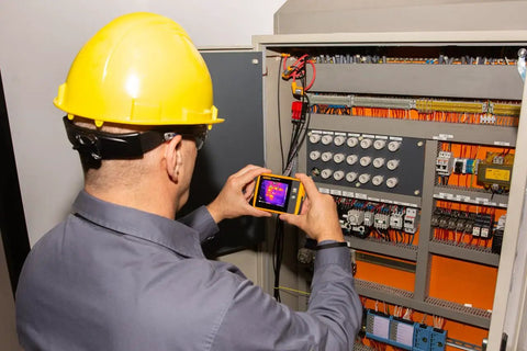 Technician using PTi120 Pocket Thermal Imager For Quick Infrared Inspections And Temperature Scans On The Go on electrical panel.