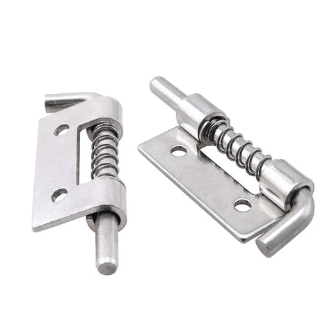 304 Stainless Steel Flat Pin Spring Latch Hinges 4 Pack For Cabinet Doors Upper And Lower Cabinets Boxes Tough As Nails Built To Last Durable Rust Resistant Easy Install And Smooth Operation, showing two hinges with flat pin and spring mechanism