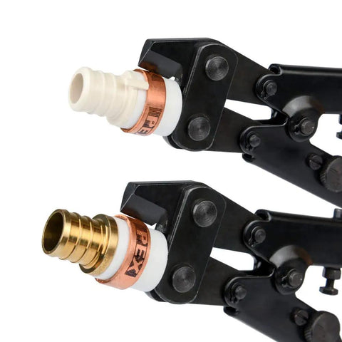 PEX Crimp Ring Removal Tool For 1/2 Inch 3/4 Inch 1 Inch F1807 Copper Rings showing decrimping action on fittings