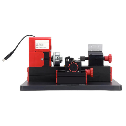 Aolidsive Mini Motorized Lathe Machine With High Speed Steel Turning Tool 20k Rpm For Wood Plastic And Soft Metals Compact 20Mm X 135Mm Lathe side view of lathe with red and black design