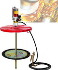 Heavy Duty Pneumatic Grease Pump Kit for 55 Gallon Drums with 16ft Tubing, red head and black hose, suitable for automotive and industrial use.
