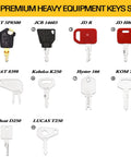 All In One Heavy Equipment Key Master Set With 10 Replacement Ignition Keys Easy To Add Or Swap Keys For Large Fleet Works With Major Makes Like John Deere Kubota Komatsu Volvo JCB And More, showing 10 types of keys including CAT, JCB, JD, and more.