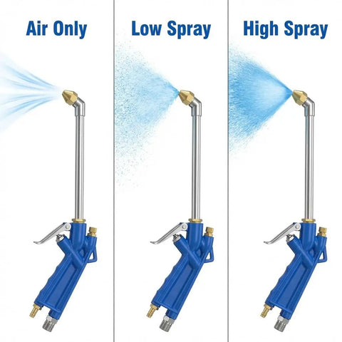 Air Blow Gun For Engine Cleaning With Long Nozzle And 4 Ft Hose Pneumatic Degreaser Sprayer Tool Built To Blast Dirt Grease And Oil From Tight Engine Bays And Machinery Ideal For Quick Deep Cleaning In Cramped Spaces demonstrating air, low spray, high spray modes.