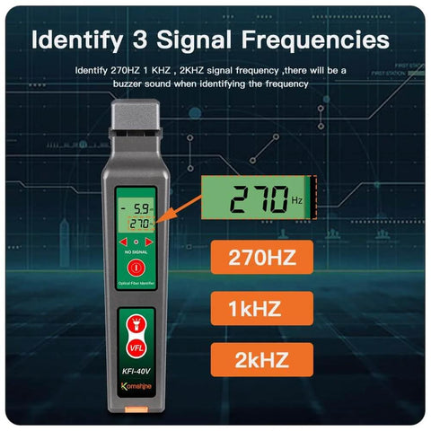 KFI-40 Fiber Optic Detector And Live Identifier showing display and signal frequency options