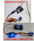 Two FS90R micro continuous-rotation servos (pack of 2) with orange wires, blue servo tester, and battery pack with case
