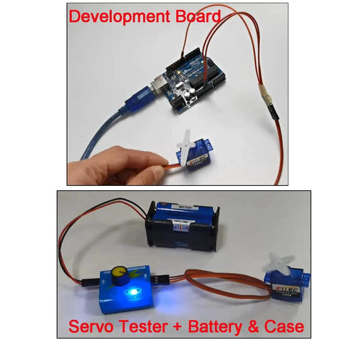 Top: FS90R 360 Degree Continuous Rotation Micro RC Servo Motor connected to development board. Bottom: Servo motor with tester and battery case.