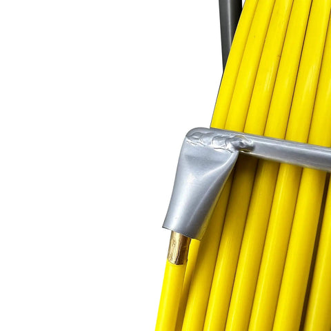 Close-up of Pro Grade 8MM 150M Fiberglass Duct Rodder, showing yellow fiberglass rods bundled for cable pulling applications.