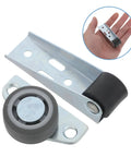 Heavy Duty 8 Pack Silent Barn Door Casters With Premium Rubber And Steel Rollers Slide Like Butter On Hardwood And Tile Floors Kick Back Free Guided Stability Kit For Any No Fuss Diy Project close-up of rubber and steel caster wheel on a metal bracket.