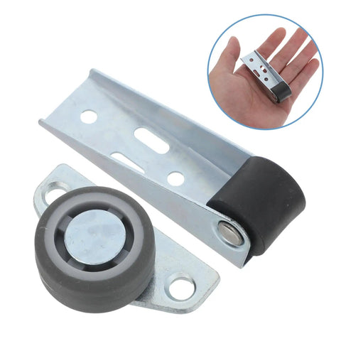 Heavy Duty 8 Pack Silent Barn Door Casters With Premium Rubber And Steel Rollers Slide Like Butter On Hardwood And Tile Floors Kick Back Free Guided Stability Kit For Any No Fuss Diy Project close-up of rubber and steel caster wheel on a metal bracket.