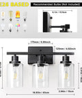 Dimensions and side view of Three Light Black Vanity Light Fixtures With Clear Glass Shades, E26 base, bulbs not included.
