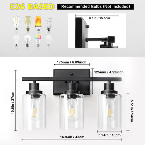 Dimensions and side view of Three Light Black Vanity Light Fixtures With Clear Glass Shades, E26 base, bulbs not included.