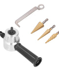 Double Head Nibbler Cutter With Cobalt Step Drill Bits, Aluminum Alloy Metal Cutting Attachment For Electric Drill, High Speed Steel Stepped Bit Set Thin Metal Sheets Up To 1 with four drill bits and a wrench.