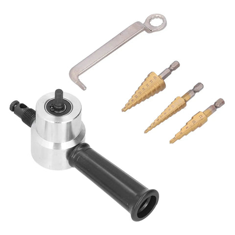 Double Head Nibbler Cutter With Cobalt Step Drill Bits, Aluminum Alloy Metal Cutting Attachment For Electric Drill, High Speed Steel Stepped Bit Set Thin Metal Sheets Up To 1 with four drill bits and a wrench.