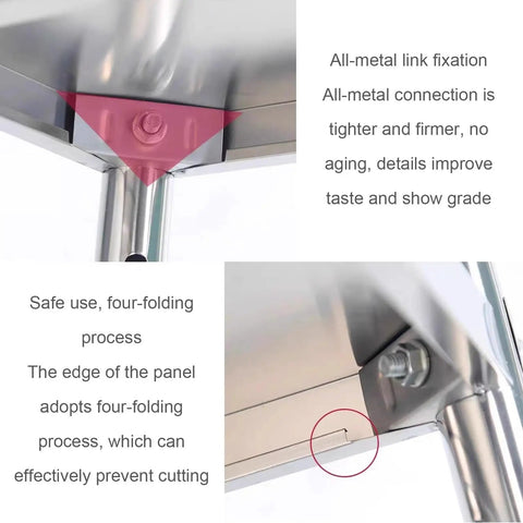 Detail of Top Grade Rust Proof Stainless Steel Shelving System With Four Tier Heavy Duty Storage Rack showing metal link fixation and four-folding edges.