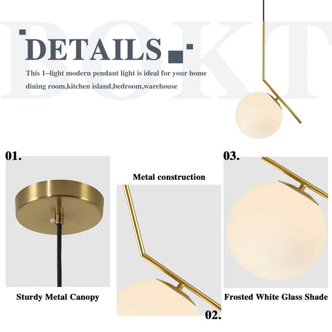 Mid Century Modern 1 Light Globe Pendant Chandelier In Brushed Gold With White Glass Ball For Kitchen Island Industrial Retro Style Single Pendant Light Fixture Dope Home Lighting Vibe, featuring detailed views of the sturdy metal canopy, metal construction, and frosted white glass shade.