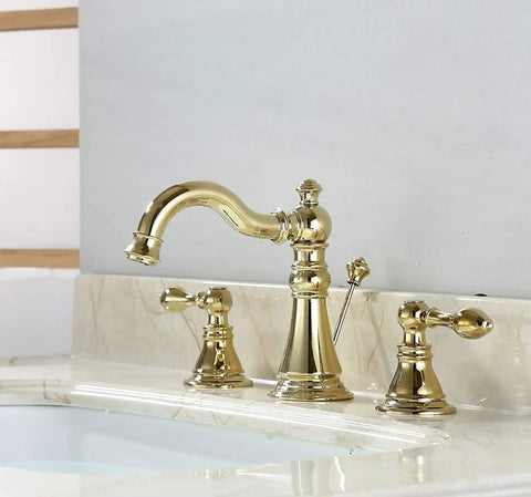 8 Inch Widespread Polished Brass Bathroom Faucet With Two Handles And Brass Pop Up Drain For 3 Hole Sink Lead Free CUPC NSF