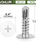 Top Shelf Quick Grip Self Drilling Screws Size Eight Length Half Inch 100 Piece Kit With Phillips Bit shown with dimensions and details.