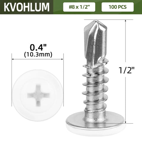 Top Shelf Quick Grip Self Drilling Screws Size Eight Length Half Inch 100 Piece Kit With Phillips Bit shown with dimensions and details.