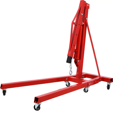Heavy Duty Two Ton Folding Engine Hoist Cherry Picker Shop Crane features red steel frame and six smooth rolling swivel casters.