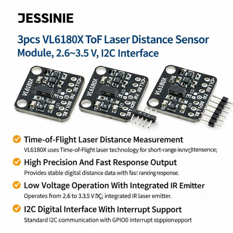 Three VL6180X ToF Laser Distance Sensor Modules With I2C Interface 2.6 to 3.5 V Power Short Range Proximity And Absolute Distance Up To 200 Mm Great For Robotics Makers And Hobby Electronics Nerds, 3 black PCB modules