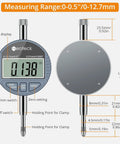 Neoteck digital dial bore gauge front view with LCD readout, blue-gray body and knurled chrome plunger.