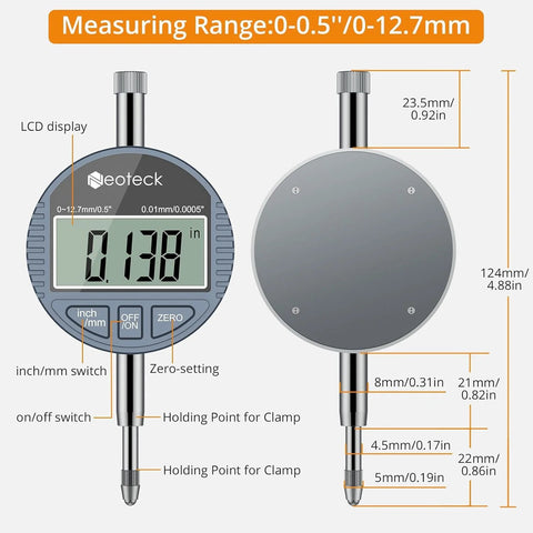 Neoteck digital dial bore gauge front view with LCD readout, blue-gray body and knurled chrome plunger.