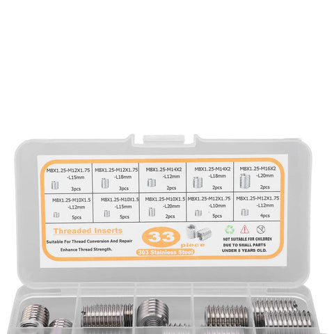 DIY Friendly Pro Grade Threaded Insert Kit With 33 Pieces M8x1.25 stainless steel in box showing sizes and quantities