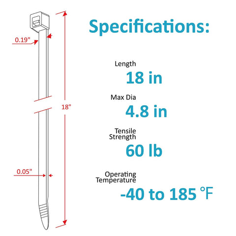 Specifications of Heavy Duty 18 Inch Zip Ties 100 Pack Black UV Resistant Indoor Outdoor Cable Ties 60 Lb Tensile Strength