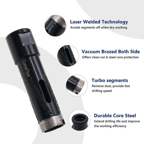 Diamond core drill bit, side view, 1 inch (25mm), laser-welded diamond for dry drilling, 5/8-11 thread, Amazon