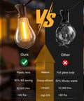 Comparison of outdoor LED string lights: shatterproof plastic Edison bulb vs. full glass, energy-efficient vs. wasteful design.