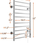 10 Bar Wall Mounted Towel Warmer With Timer For Bathroom Stainless Steel Heated Towel Rack Plug In Or Hardwired Matte Silver Finish Energy Saving Quick Heat 10 Minute Warm Up with dimensions shown