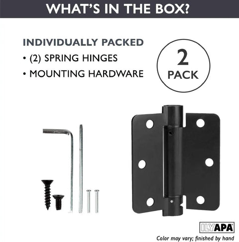 Self Closing Door Hinges 2 Pack Black Mortise Spring Hinges Heavy Duty 3.5 By 3.5 Inch Interior Exterior Ready For Any Door With Quarter Inch Radius Corners Easy Install, includes mounting hardware and hex wrench