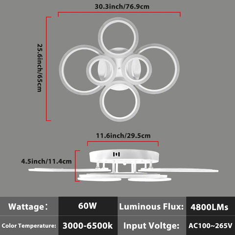 Modern LED Ceiling Light With Adjustable Tri-Color 3000K 4000K 6500K, Remote Control, Ultra Bright 4800 Lumens, size dimensions shown.