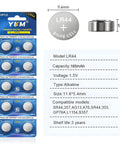 10 Pack Lr44 Batteries 1.5 Volt Alkaline Ag13 A76 357 Sr44 shown on packaging with specifications and sizes for electronic devices.