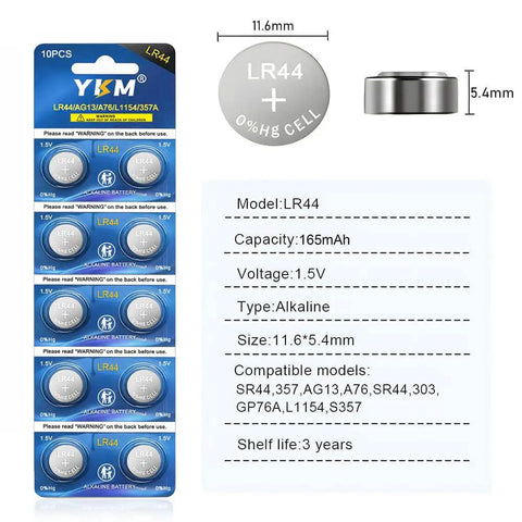 10 Pack Lr44 Batteries 1.5 Volt Alkaline Ag13 A76 357 Sr44 shown on packaging with specifications and sizes for electronic devices.