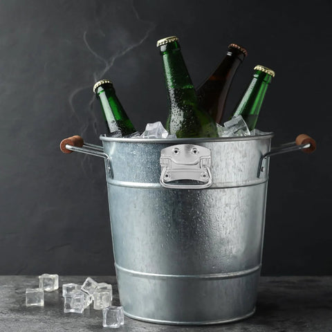 Galvanized bucket with 2 Pack Heavy Duty Chest Handles Zinc Plated Case Pull Handles, holding beer bottles and ice cubes.