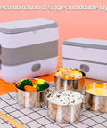 Portable Self Cooking Electric Lunch Box Two Layer Mini Rice Cooker With Four Stainless Steel Bowls on table