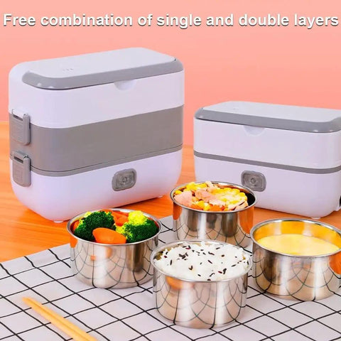 Portable Self Cooking Electric Lunch Box Two Layer Mini Rice Cooker With Four Stainless Steel Bowls on table