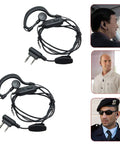 Two Way Radio Earpiece Headset For UV Series Walkie Talkies With K Port Earphone And Microphone PTT Button Clip 360 Degree Rotatable Earhook Comfortable Fit Two Pack displayed with user portraits.