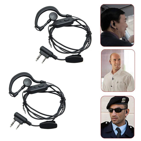 Two Way Radio Earpiece Headset For UV Series Walkie Talkies With K Port Earphone And Microphone PTT Button Clip 360 Degree Rotatable Earhook Comfortable Fit Two Pack displayed with user portraits.