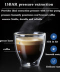 No Fuss Fully Automatic Coffee And Espresso Machine Featuring Silent Grinder, Dual Purpose Reservoir, 15 Bar Pressure, Manual Milk Frother, Kitchen MVP For Lattes And Mochas showcasing a glass cup of espresso with rich crema.