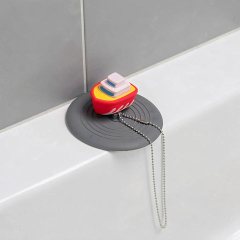 TEHAUX Silicone Bathtub Drain Stopper 6'', Hair Catcher for Bathroom, playful boat design on gray silicone plug