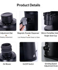 Electric Single Dose Coffee Grinder Kicks It Up Notch With Plasma Anti Static Magic And 63 Mm Conical Burrs For Zero Retention showcases adjustment dial and magnetic powder dispenser.
