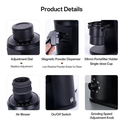 Electric Single Dose Coffee Grinder Kicks It Up Notch With Plasma Anti Static Magic And 63 Mm Conical Burrs For Zero Retention showcases adjustment dial and magnetic powder dispenser.