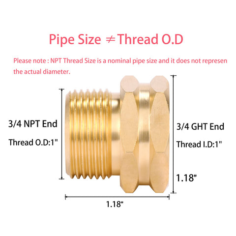 Two Pack Brass Garden Hose Adapter 3/4 GHT Female to 3/4 NPT Male Connector with size specifications