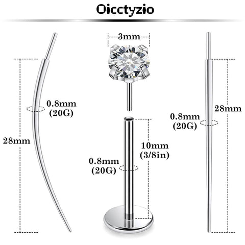 Titanium Threadless Flat Back 20G Jewelry For Women Earrings Nose Ring 10mm Bar Length 3mm Cubic Zirconia Stud For Tragus Helix Conch Cartilage Piercings Medical Grade F136 Everyday Wear, showing stud dimensions and side view.