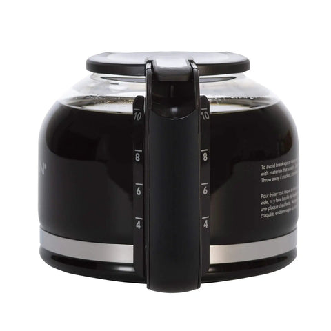 Rear view of Drip Free 10 Cup Coffee Carafe with Arc Pour Lid and Spout, showing black plastic handle with easy read cup markings.