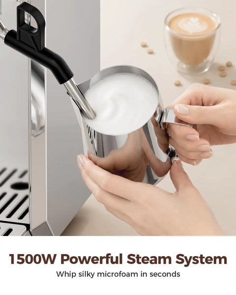 Smooth Operator Automatic Espresso Machine With Integrated Grind Distribute And Tamp Design Built In Calibrated Tamper delivers microfoam using 1500W steam system.